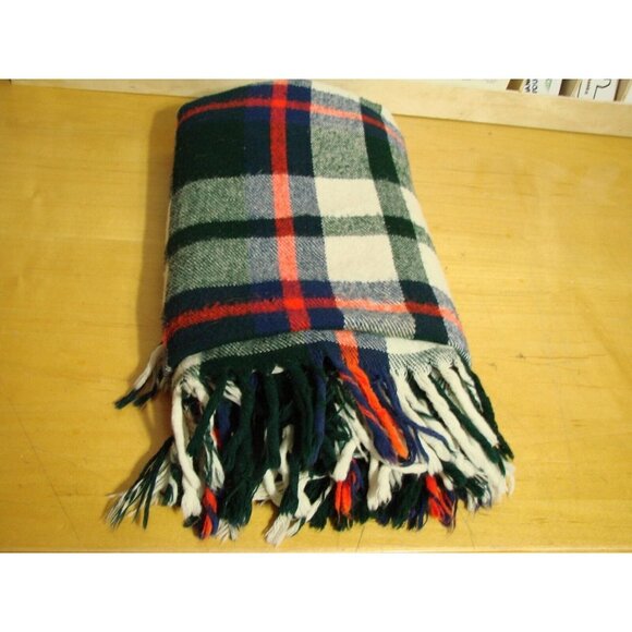 Plaid Wool Blend Blanket Throw Fringe 58x52" Vintage Bright Green Red Blue Warm - Picture 8 of 9